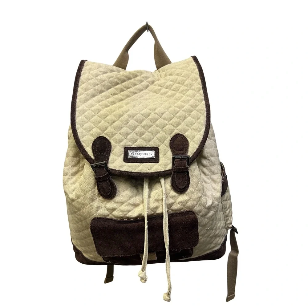 Vera‎ Bradley Quilted Canvas Suede Trim Backpack Cream Brown Boho Rucksack
